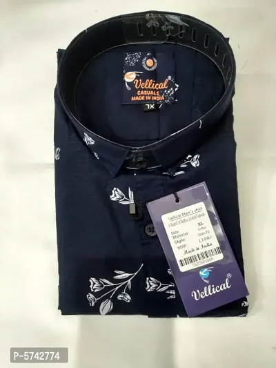 Navy Blue Cotton Printed Casual Shirts For Men