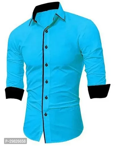 Reliable Turquoise Blue Polycotton Solid Long Sleeves Casual Shirts For Men-thumb0