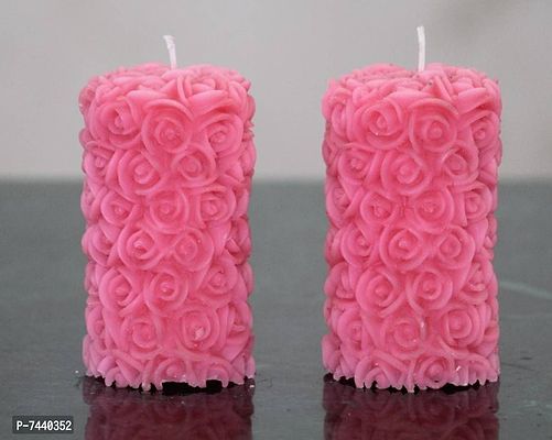 SQUARE LEAF ROSE DESIGNER PINK COLOUR SCENTED PILLER  CANDLES SET OF 2