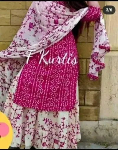 Fashionable Rayon Printed Kurta With Bottom And Dupatta Set