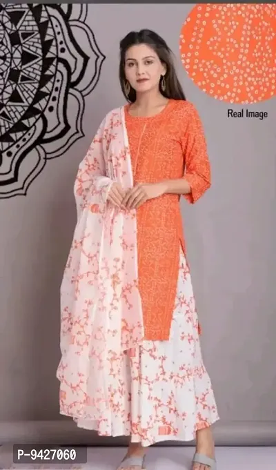 Fashionable Rayon Printed Kurta With Bottom And Dupatta Set For Women