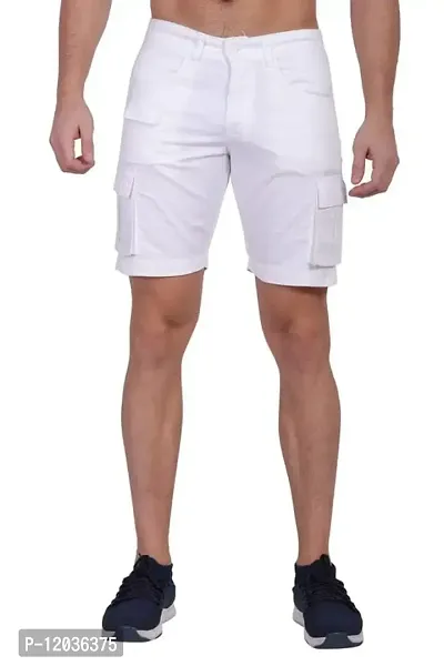 CLOTHINK INDIA?Solid Men's White Cotton Twill Cargo Shorts-thumb3