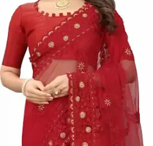 Women Stylish Net Embroidered Saree with Blouse piece