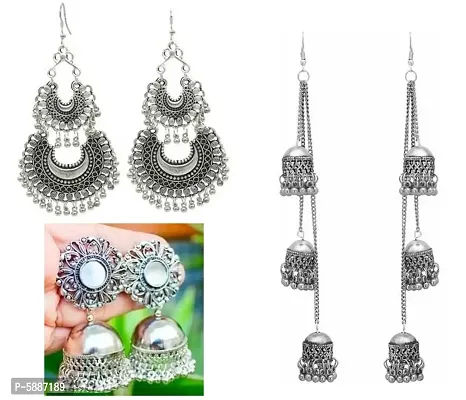 Alluring Alloy Oxidized Silver Artificial Stones And Beads Drop Earrings For Women(Pack Of 3)