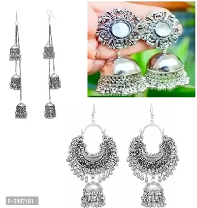 Alluring Alloy Oxidized Silver Artificial Stones And Beads Drop Earrings For Women(Pack Of 3)-thumb0