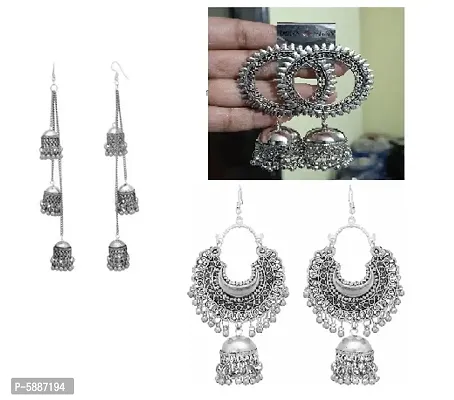 Alluring Alloy Oxidized Silver Artificial Stones And Beads Drop Earrings For Women(Pack Of 3)