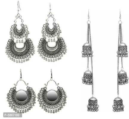 Alluring Alloy Oxidized Silver Artificial Beads Drop Earrings For Women(Pack Of 3)