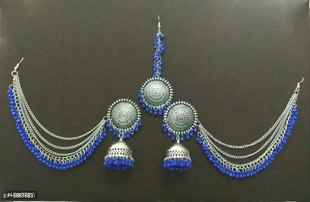 Contemporary Blue Bahubali Earrings With Chain And Maang Tikka For Women