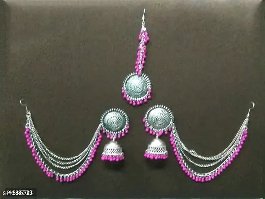 Contemporary Pink Bahubali Earrings With Chain And Maang Tikka For Women-thumb0