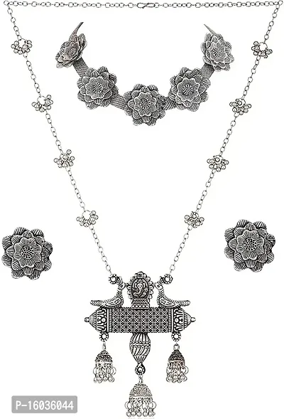 Silver Oxidized Long Necklace Set Combo