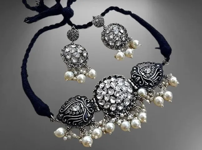Partywear Alloy Silver Oxidized Necklace Set