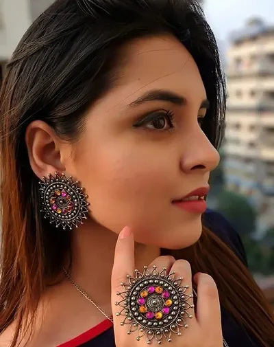 Latest Designer Statement Earring With Adjustable Ring Combo