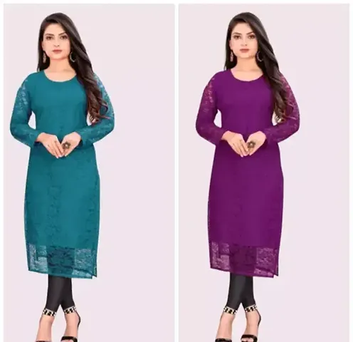 Stylish Net Solid Straight Kurta - Combo of 2