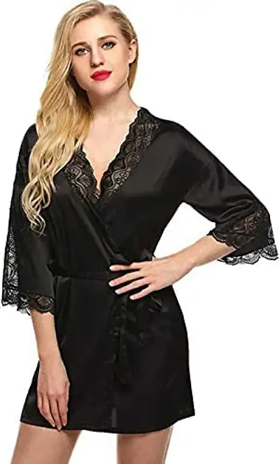 Modon Enterprises Satin Solid Sleepwear Nightgown Use Everyday for Women and Girls Free Size (Free Size, Black_03)