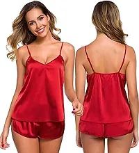 Modon Collection Women Satin Solid For Sleeping Night Wear Nighty Set Free Size (Free, Maroon)-thumb1