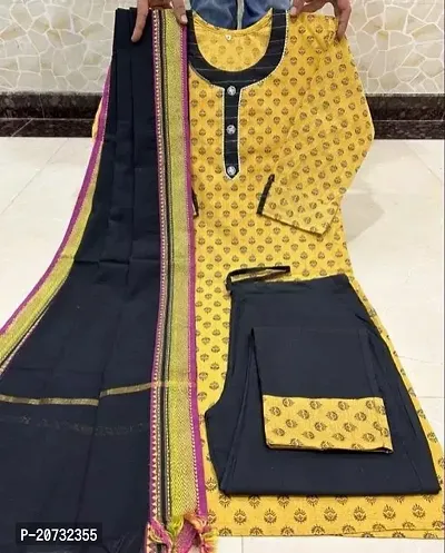 Elegant Yellow Printed Cotton Kurta with Bottom And Dupatta Set For Women-thumb0
