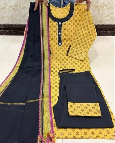 Stylish Self Design Cotton Kurta With Bottom And Dupatta Set