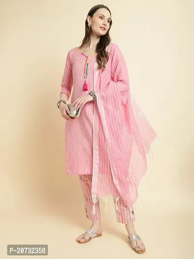 Elegant Pink Self Design Cotton Kurta with Bottom And Dupatta Set For Women