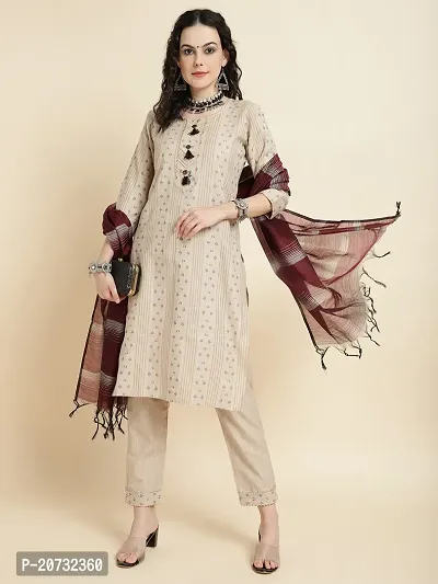 Elegant Beige Self Design Cotton Kurta with Bottom And Dupatta Set For Women-thumb0