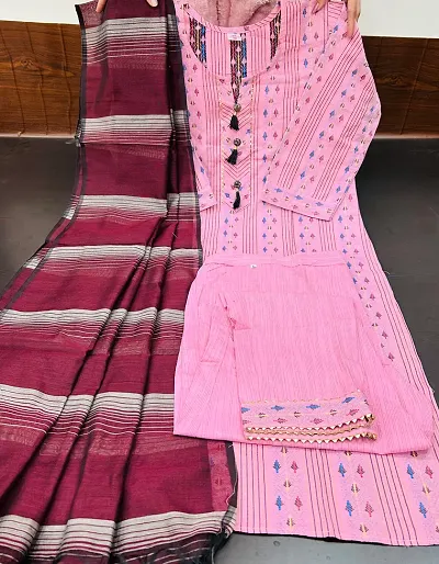 Stylish Self Design Cotton Kurta With Bottom And Dupatta Set