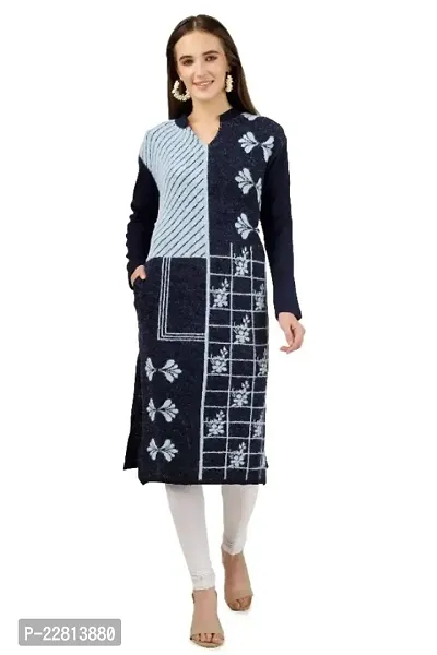 LUFEEP Women Full Sleeve Printed Hair Woolen Kurta-thumb0