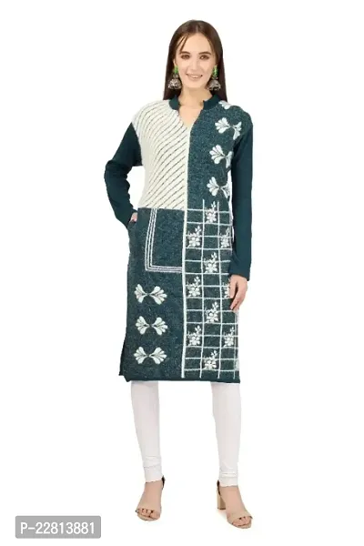 LUFEEP Women Full Sleeve Printed Hair Woolen Kurta