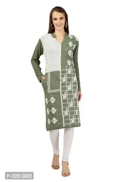 LUFEEP Women Full Sleeve Printed Hair Woolen Kurta