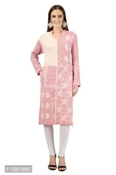 LUFEEP Women Full Sleeve Printed Hair Woolen Kurta