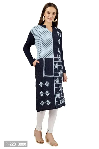 LUFEEP Women Full Sleeve Printed Hair Woolen Kurta-thumb2