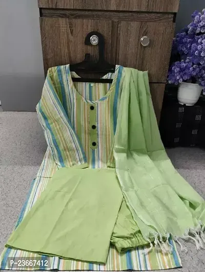 Beautiful A-Line Green Striped Khadi Cotton Kurta Pant With Dupatta