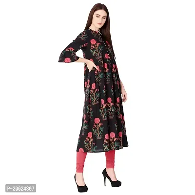 NNAVDHA Women A-line Cotton Floral Printed Calf Length Yellow and Black Kurta-thumb4