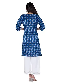NNAVDHA Women Straight Cotton Floral Printed Knee Length V-Neck Blue Kurta-thumb2