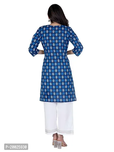 NNAVDHA Women Straight Cotton Floral Printed Knee Length V-Neck Blue Kurta-thumb3