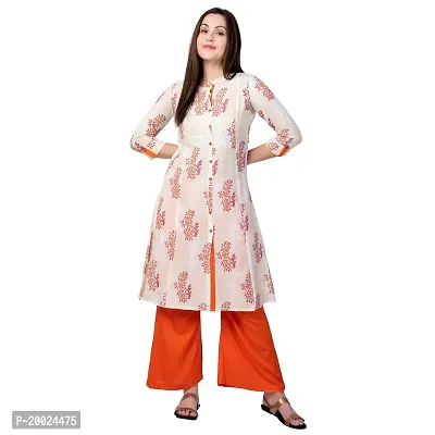 NNAVDHA Women A-Line Cotton Floral Printed Calf Length Orange Kurta-thumb0