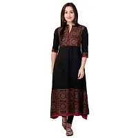 NNAVDHA Women A-Line Cotton Gold Printed Calf Length Black Festival Kurta-thumb1