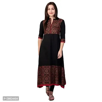 NNAVDHA Women A-Line Cotton Gold Printed Calf Length Black Festival Kurta-thumb2