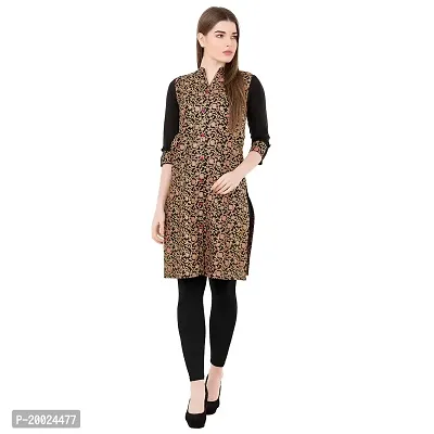 NNAVDHA Women Straight Cotton Gold Floral Printed Knee Length Black Kurta-thumb2