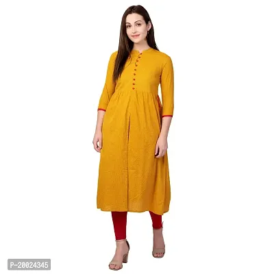 NNAVDHA Women A-Line Cotton Solid Kantha Calf Length Yellow Kurta-thumb2