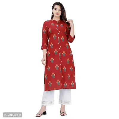 NNAVDHA Women Straight Cotton Floral Printed Calf Length Maroon Kurta-thumb2