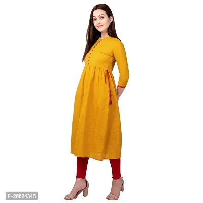 NNAVDHA Women A-Line Cotton Solid Kantha Calf Length Yellow Kurta-thumb5