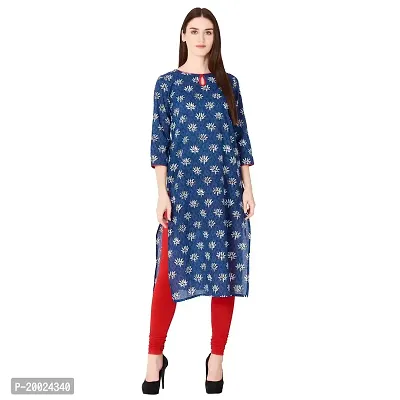 NNAVDHA Women Straight Cotton Floral Printed Calf Length Blue Kurta-thumb0