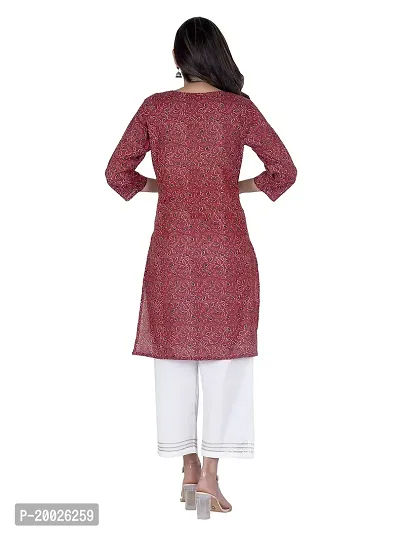 NNAVDHA Women Straight Cotton Traditional Block Floral Printed Knee Length V-Neck Maroon Kurta-thumb3