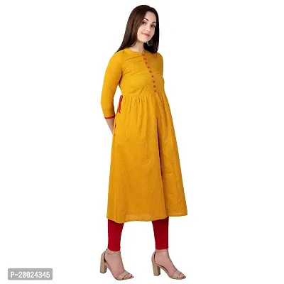 NNAVDHA Women A-Line Cotton Solid Kantha Calf Length Yellow Kurta-thumb4