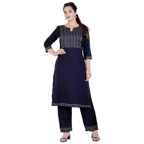 NNAVDHA Women Straight Rayon Solid Lace Work Embellished Calf Length Kurta