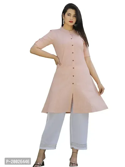 NNAVDHA Women A-Line Cotton Traditional Kantha Work Solid Knee Length Light Pink Half Sleeve Kurta