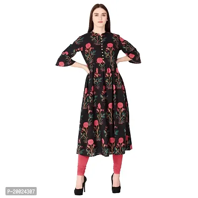 NNAVDHA Women A-line Cotton Floral Printed Calf Length Yellow and Black Kurta-thumb0