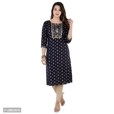 NNAVDHA Women Straight Rayon Floral Printed with Lace Work Calf Length Blue Kurta