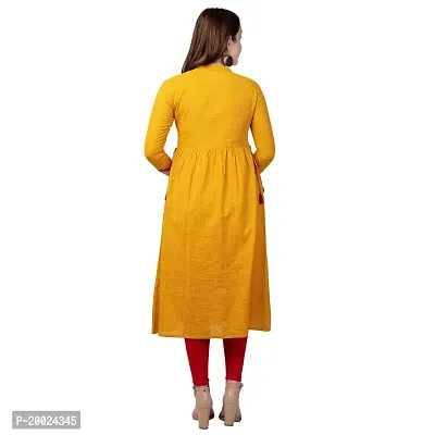 NNAVDHA Women A-Line Cotton Solid Kantha Calf Length Yellow Kurta-thumb3