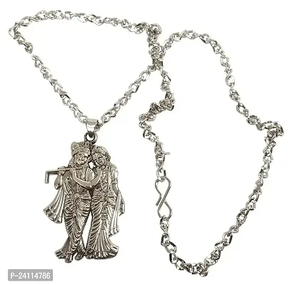 De-Ultimate (Set Of 2 Pcs) Metal Unisex Silver Color God Lord Shri Radha Krishna/Thakur Ji/Govinda/Kanha With Basuri/Murli Pendant Locket Necklace With Chain-thumb2