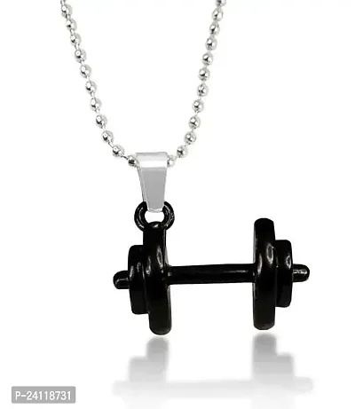De-Ultimate Black Color Unisex Metal Stainless Steel Weightlifting Fitness Gym Bodybuilding Sports Dumbbell Barbell Locket Pendant Necklace With Ball Chain